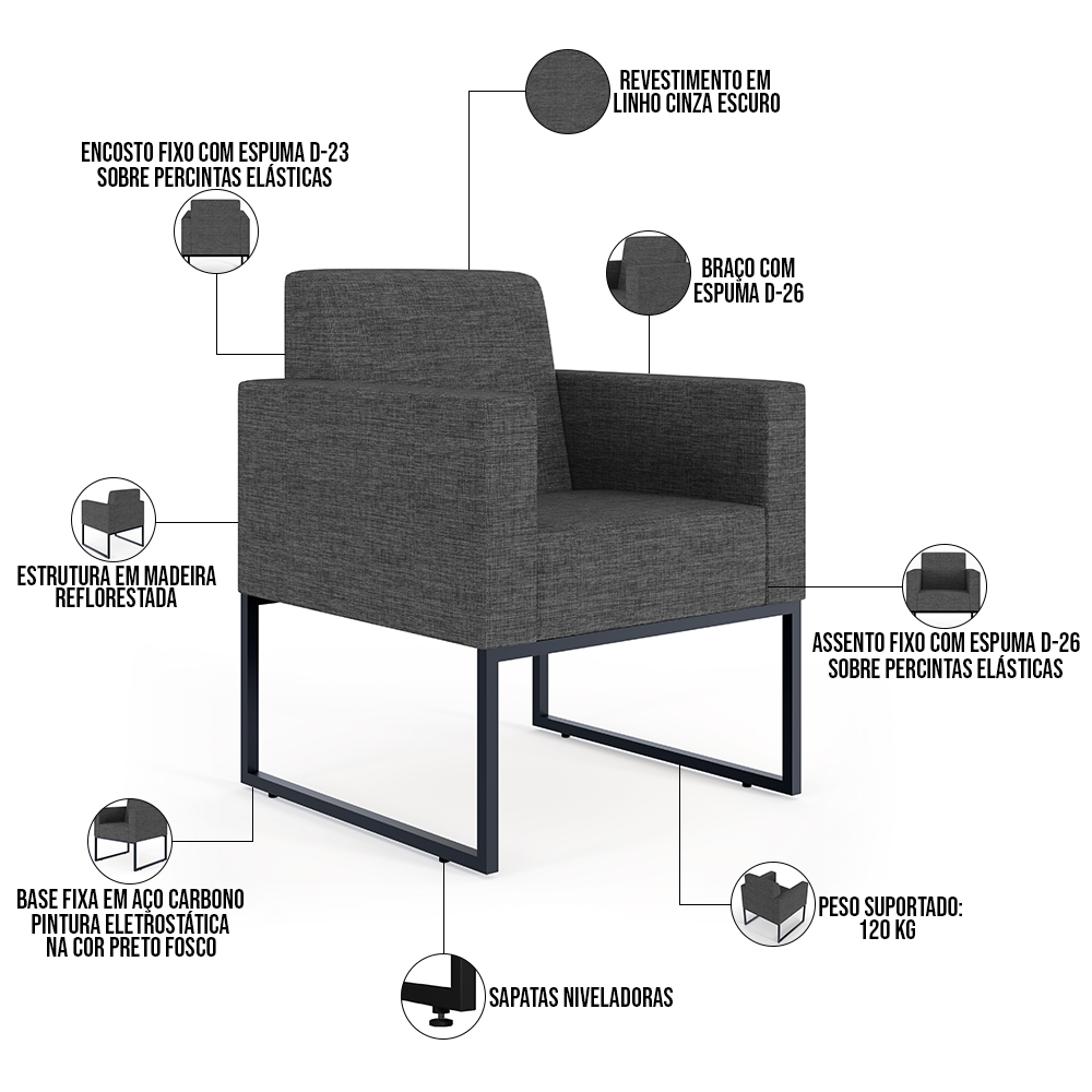Kit 02 Poltronas Decorativa Sala e Recepção Base Fixa Metal Helô L02 Linho Cinza Escuro - Lyam Decor