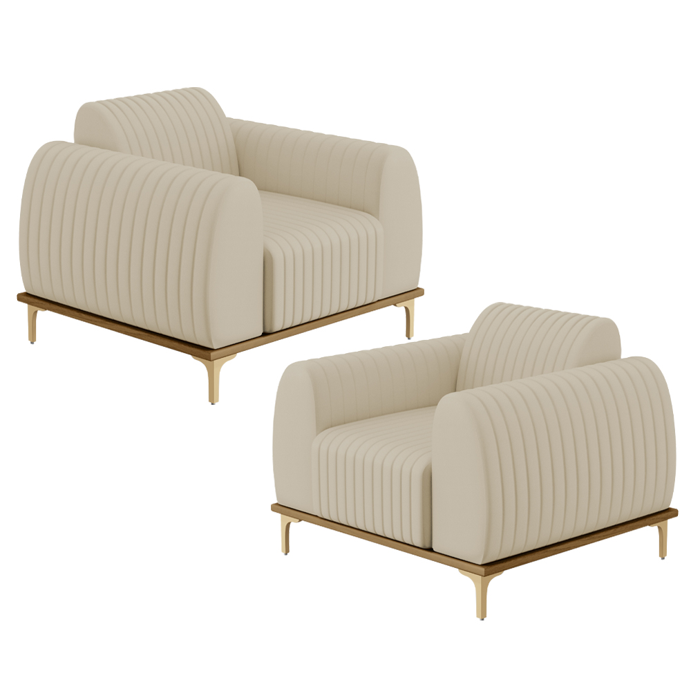 Kit 02 Poltronas Decorativas Base De Madeira Com Pés D'Ouro Molino D02 Corano Bege C-26 - Lyam Decor