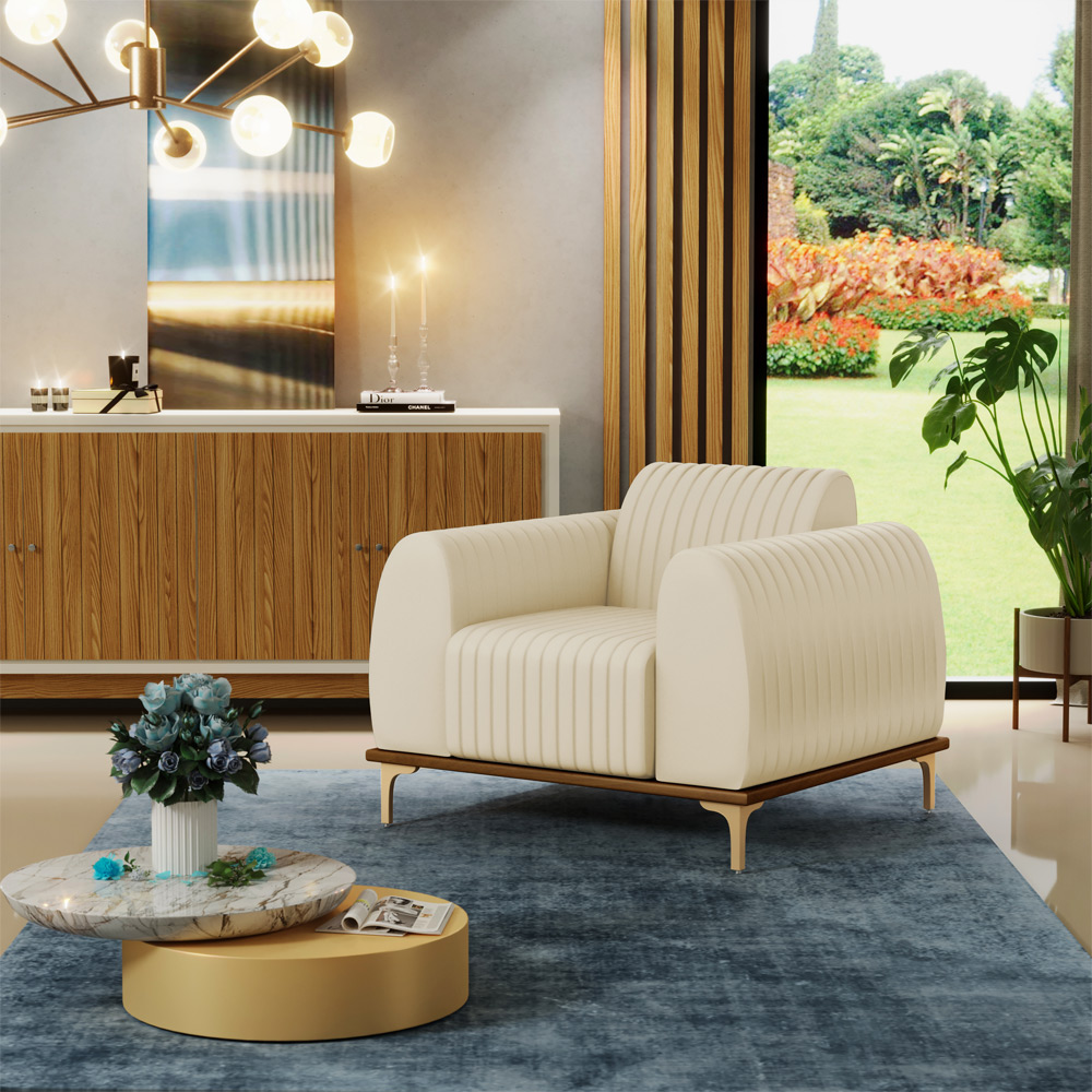 Kit 02 Poltronas Decorativas Base De Madeira Com Pés D'Ouro Molino D02 Corano Bege C-26 - Lyam Decor