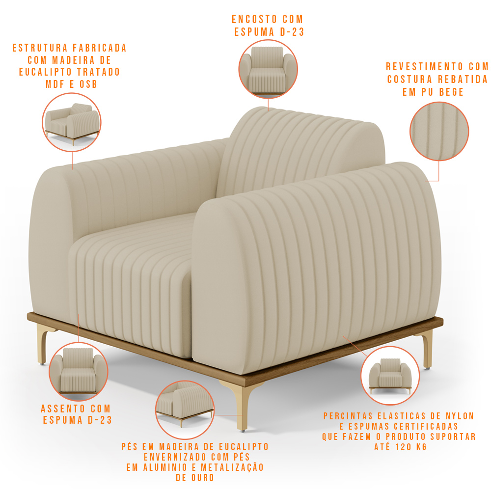 Kit 02 Poltronas Decorativas Base De Madeira Com Pés D'Ouro Molino D02 Corano Bege C-26 - Lyam Decor