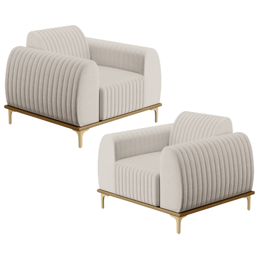 Kit 02 Poltronas Decorativas Base De Madeira Com Pés D'Ouro Molino D02 Linho Cru C-443 - Lyam Decor