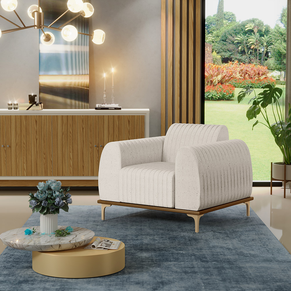 Kit 02 Poltronas Decorativas Base De Madeira Com Pés D'Ouro Molino D02 Linho Cru C-443 - Lyam Decor
