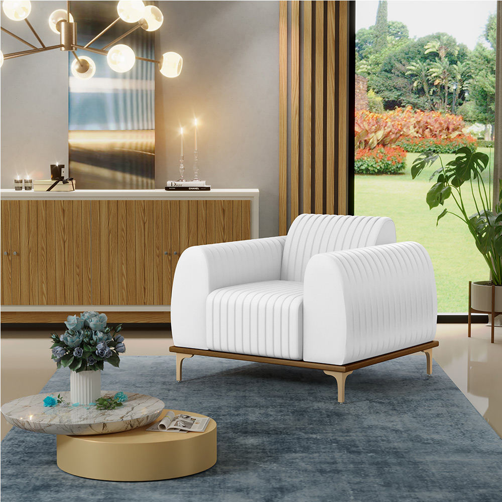 Kit 02 Poltronas Decorativas Base De Madeira e Pés D'Ouro Molino D02 Corano Branco C-12 - Lyam Decor