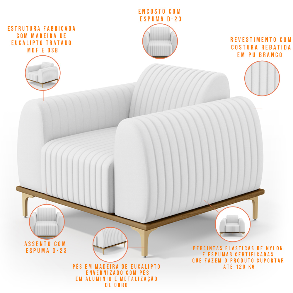 Kit 02 Poltronas Decorativas Base De Madeira e Pés D'Ouro Molino D02 Corano Branco C-12 - Lyam Decor