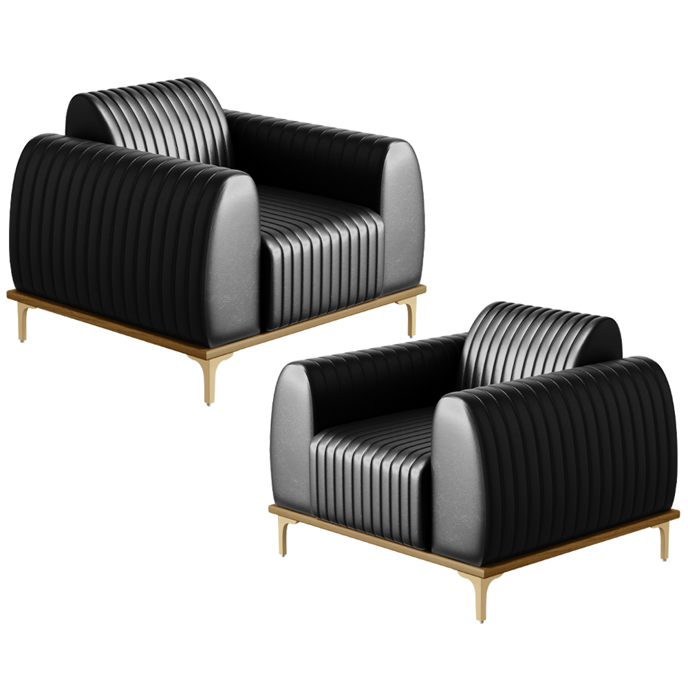 Kit 02 Poltronas Decorativas Base De Madeira e Pés D'Ouro Molino D02 Corano Preto B-159 - Lyam Decor