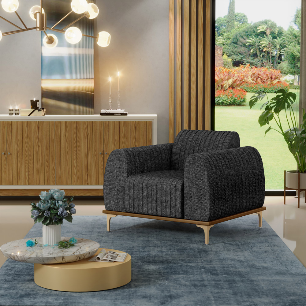 Kit 02 Poltronas Decorativas Base De Madeira e Pés D'Ouro Molino D02 Linho Chumbo D-465 - Lyam Decor