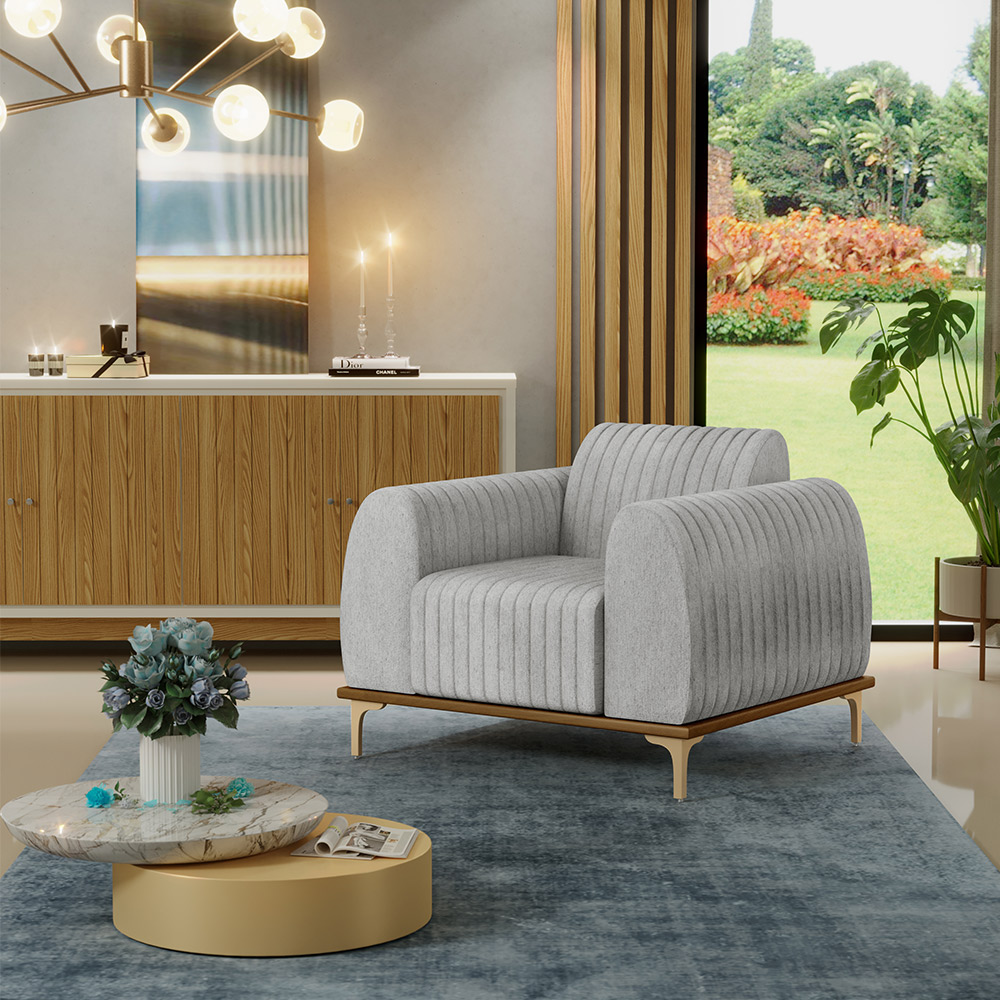 Kit 02 Poltronas Decorativas Base De Madeira e Pés D'Ouro Molino D02 Linho Cinza D-315 - Lyam Decor