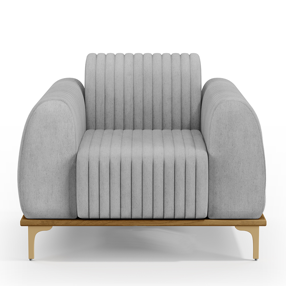 Kit 02 Poltronas Decorativas Base De Madeira e Pés D'Ouro Molino D02 Linho Cinza D-315 - Lyam Decor