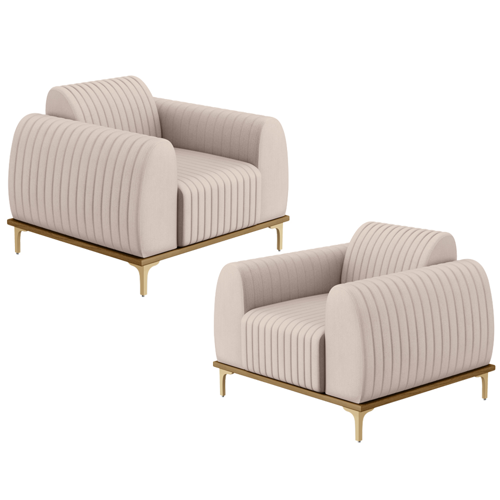 Kit 02 Poltronas Decorativas Base De Madeira e Pés D'Ouro Molino D02 Veludo Bege C-309 - Lyam Decor