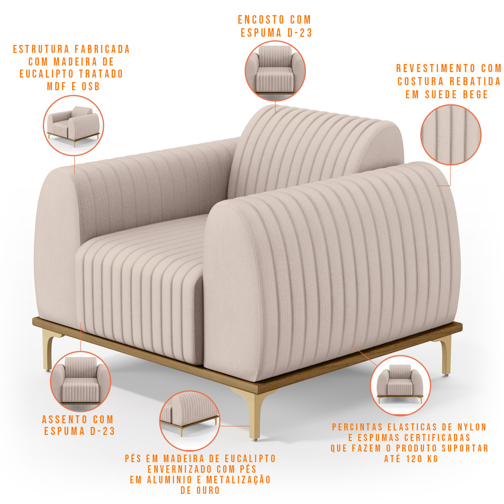 Kit 02 Poltronas Decorativas Base De Madeira e Pés D'Ouro Molino D02 Veludo Bege C-309 - Lyam Decor