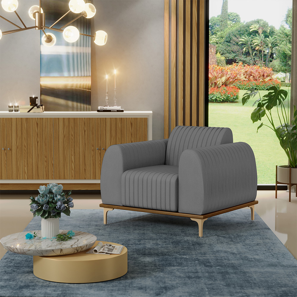 Kit 02 Poltronas Decorativas Base De Madeira e Pés D'Ouro Molino D02 Veludo Cinza C-317 - Lyam Decor