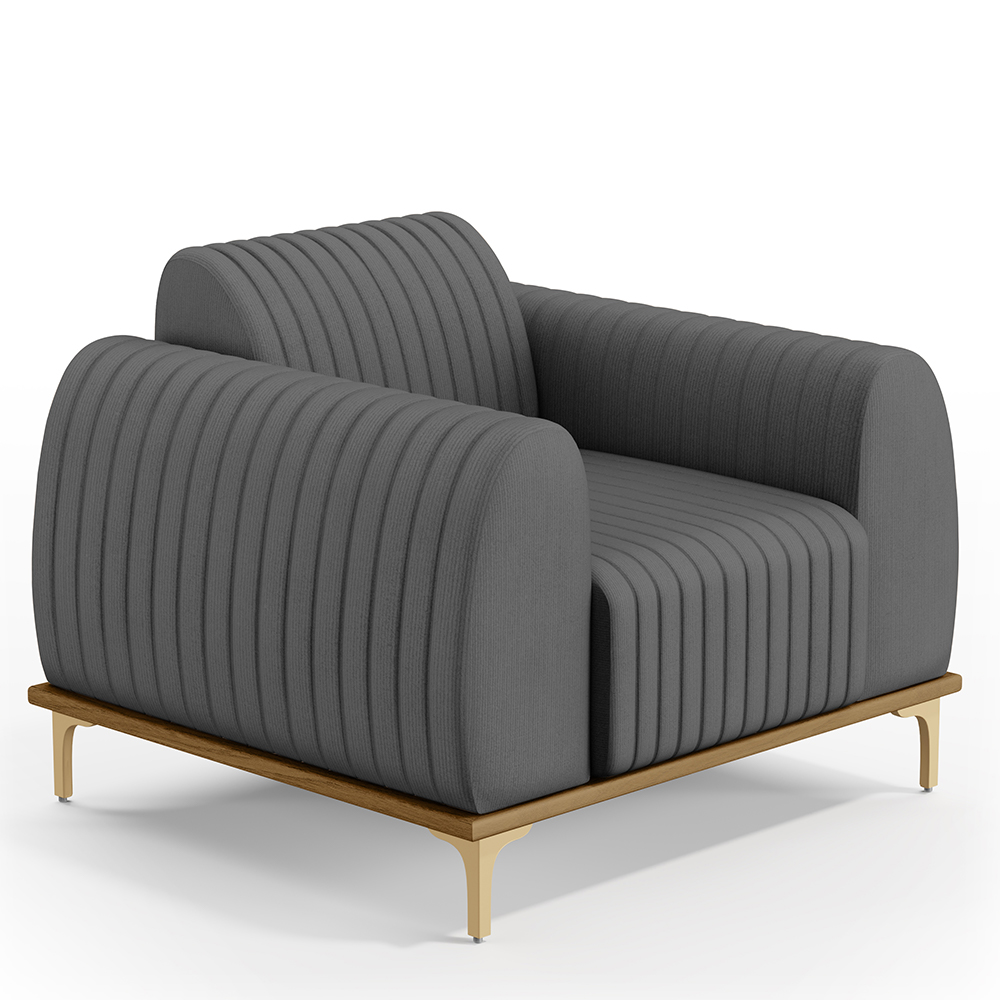 Kit 02 Poltronas Decorativas Base De Madeira e Pés D'Ouro Molino D02 Veludo Cinza C-317 - Lyam Decor