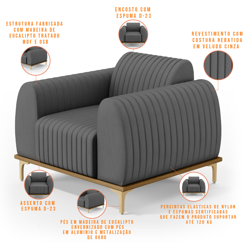Kit 02 Poltronas Decorativas Base De Madeira e Pés D'Ouro Molino D02 Veludo Cinza C-317 - Lyam Decor