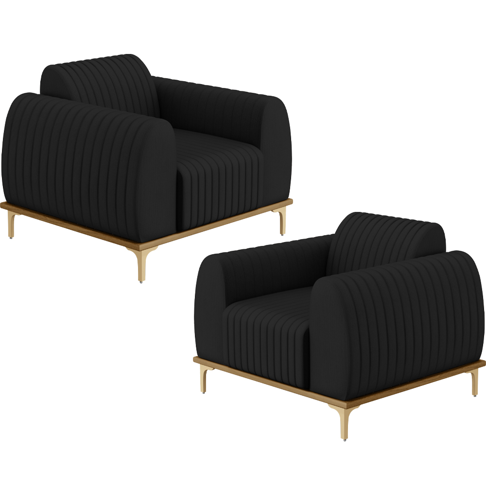 Kit 02 Poltronas Decorativas Base De Madeira e Pés D'Ouro Molino D02 Veludo Preto C-300 - Lyam Decor