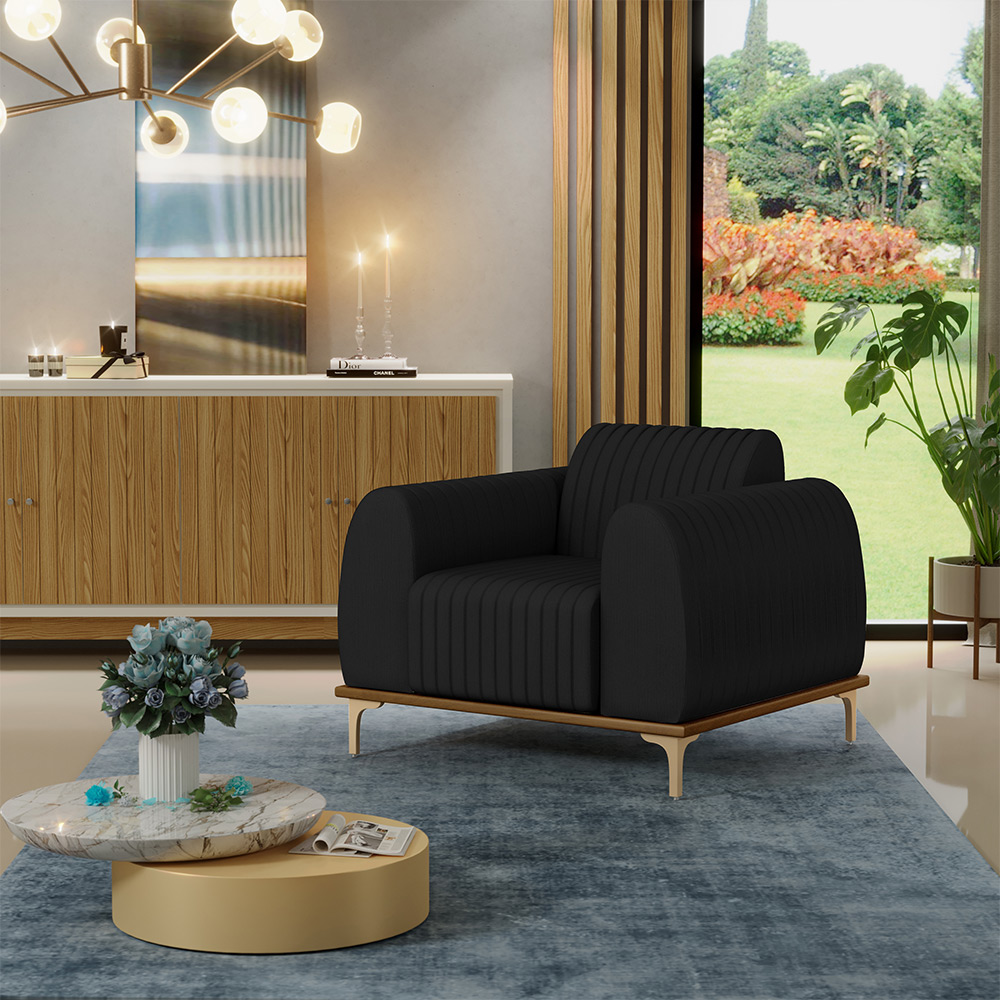 Kit 02 Poltronas Decorativas Base De Madeira e Pés D'Ouro Molino D02 Veludo Preto C-300 - Lyam Decor