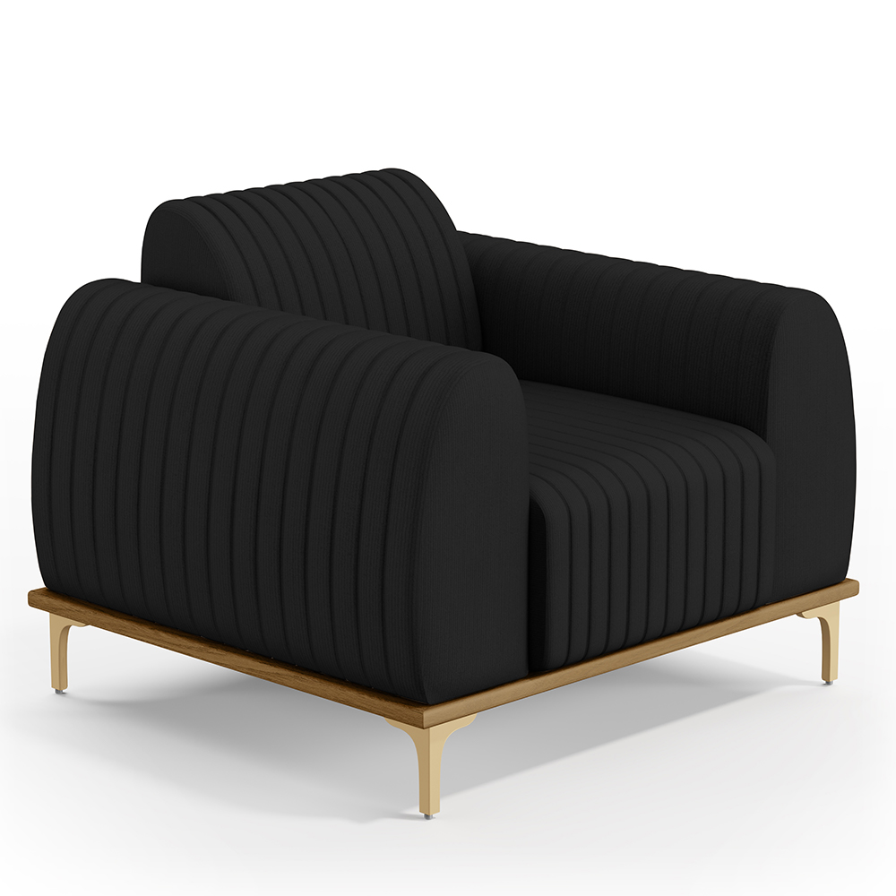 Kit 02 Poltronas Decorativas Base De Madeira e Pés D'Ouro Molino D02 Veludo Preto C-300 - Lyam Decor