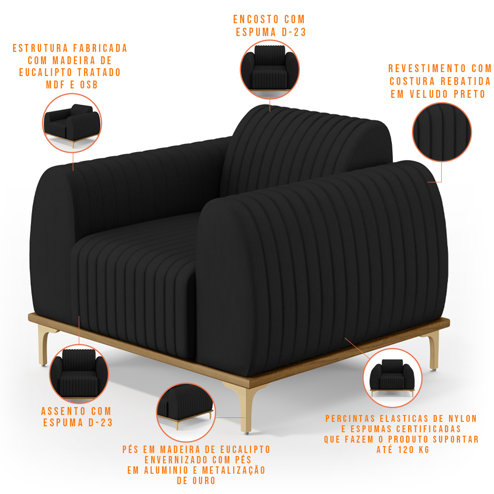 Kit 02 Poltronas Decorativas Base De Madeira e Pés D'Ouro Molino D02 Veludo Preto C-300 - Lyam Decor