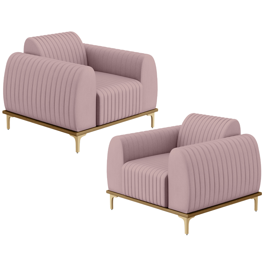 Kit 02 Poltronas Decorativas Base De Madeira e Pés D'Ouro Molino D02 Veludo Rosê C-305 - Lyam Decor