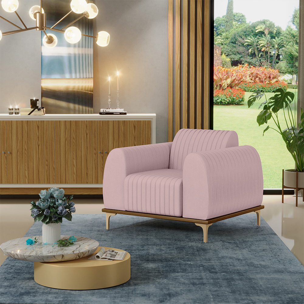 Kit 02 Poltronas Decorativas Base De Madeira e Pés D'Ouro Molino D02 Veludo Rosê C-305 - Lyam Decor