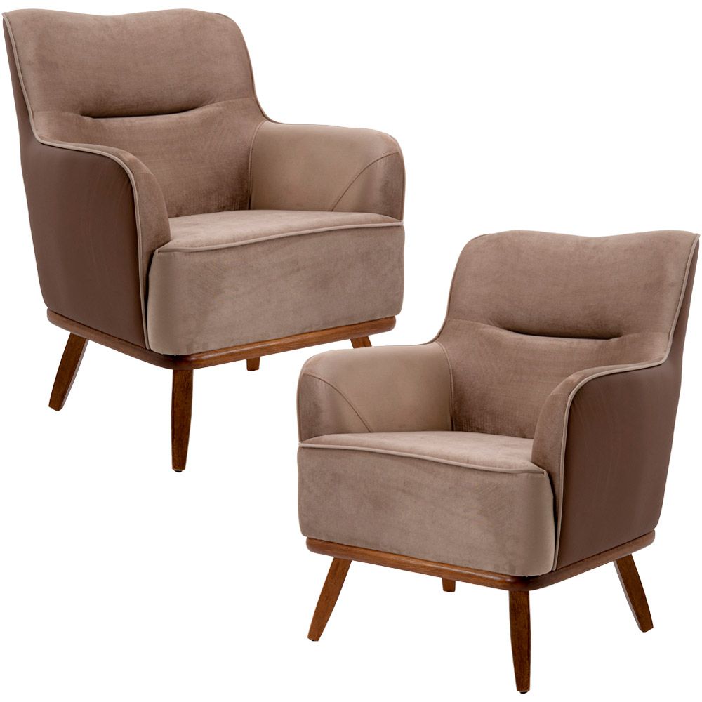 Kit 02 Poltronas Decorativas Base Fixa de Madeira Isabella D02 Veludo Importado Bege Escuro C-68 -Lyam Decor