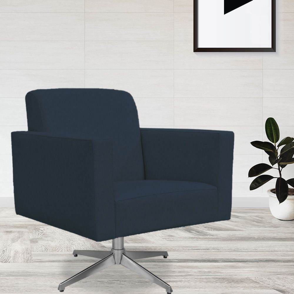 Kit 02 Poltronas Decorativas Base Giratória Para Sala de Estar Helô L02 Suede Azul Marinho - Lyam Decor
