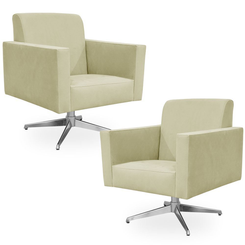 Kit 02 Poltronas Decorativas Base Giratória Para Sala de Estar Helô L02 Suede Bege - Lyam Decor