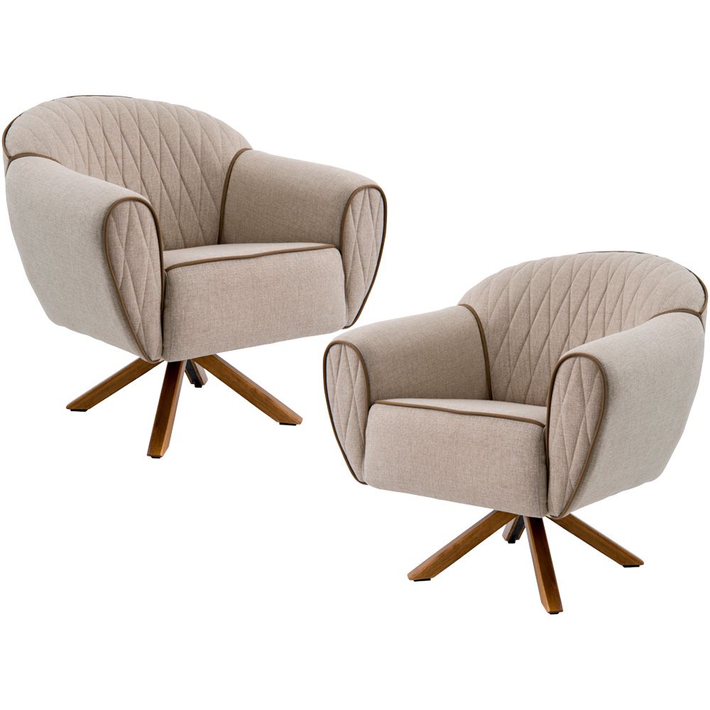 Kit 02 Poltronas Decorativas Base Giratória de Madeira Nina D02 Tressê Bege Rústico D-470 - Lyam Decor