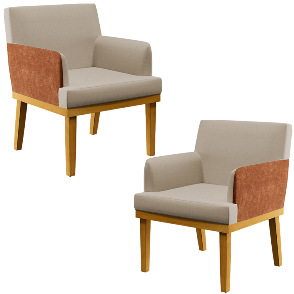 Kit 02 Poltronas Decorativas Base Mel Beatriz W01 Linho Bege Couríssimo Camel - Lyam Decor