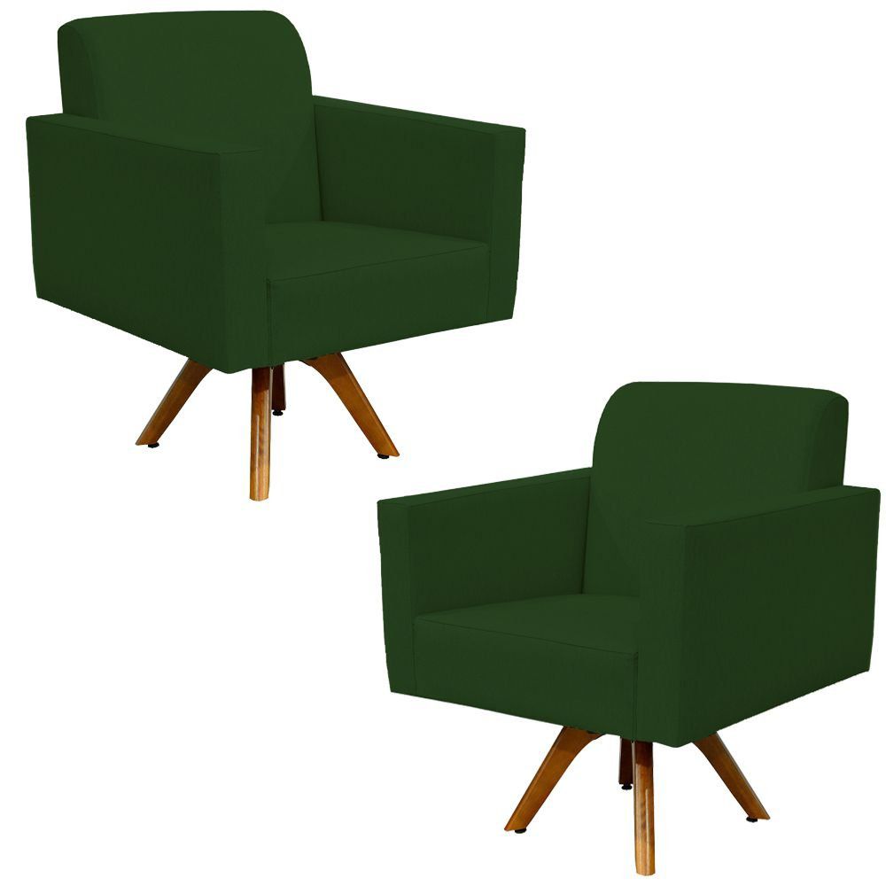 Kit 02 Poltronas Decorativas Base de Madeira Helô L02 Suede Verde Musgo - Lyam Decor
