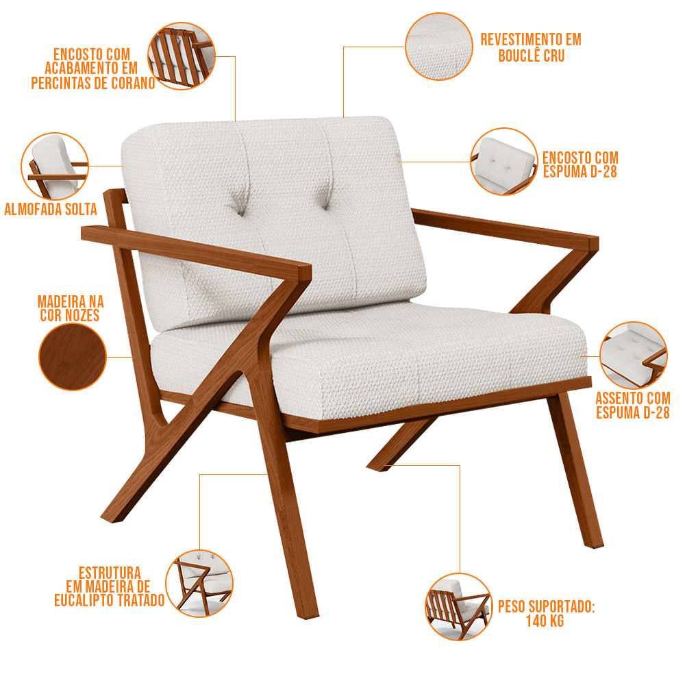 Kit 02 Poltronas Decorativas Com Cintas De Corano Laís B04 Bouclê Cru - Lyam Decor