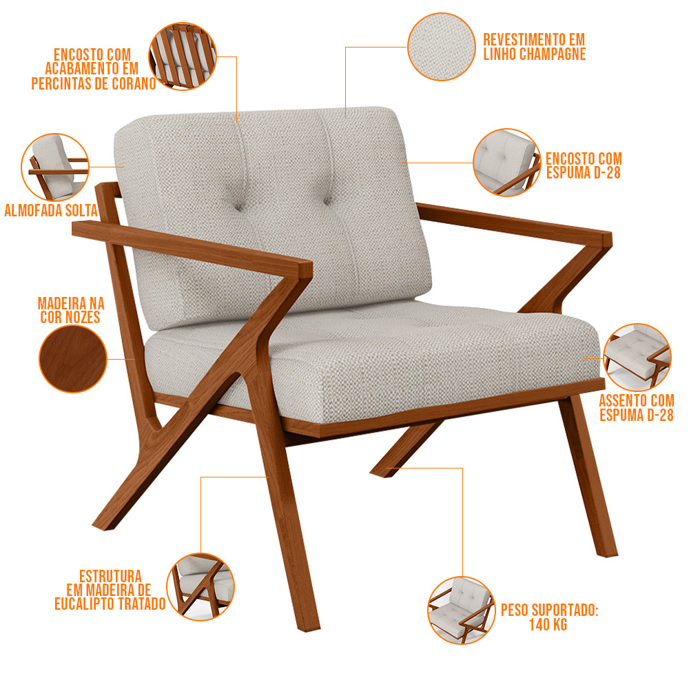 Kit 02 Poltronas Decorativas Com Cintas De Corano Laís B04 Linho Champagne - Lyam Decor
