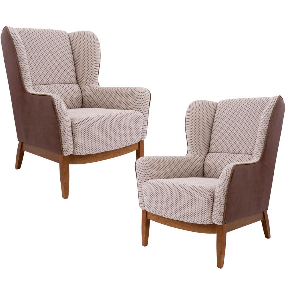 Kit 02 Poltronas Decorativas Fixa Base Milena D02 Jacar Algodão Creme Marrom A-208 - Lyam Decor