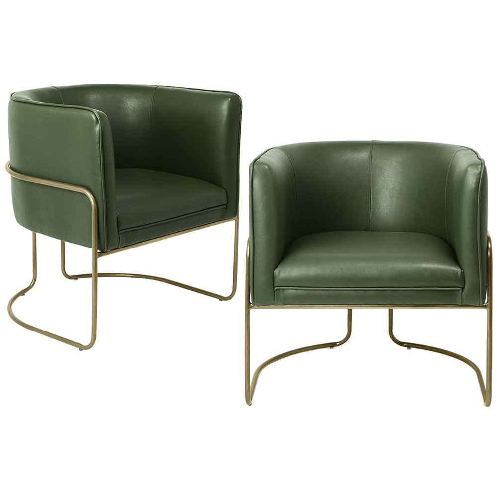 Kit 02 Poltronas Decorativas Fixa Base de Aço Bronze Betina D02 Corano Verde Musgo B-89 - Lyam Decor