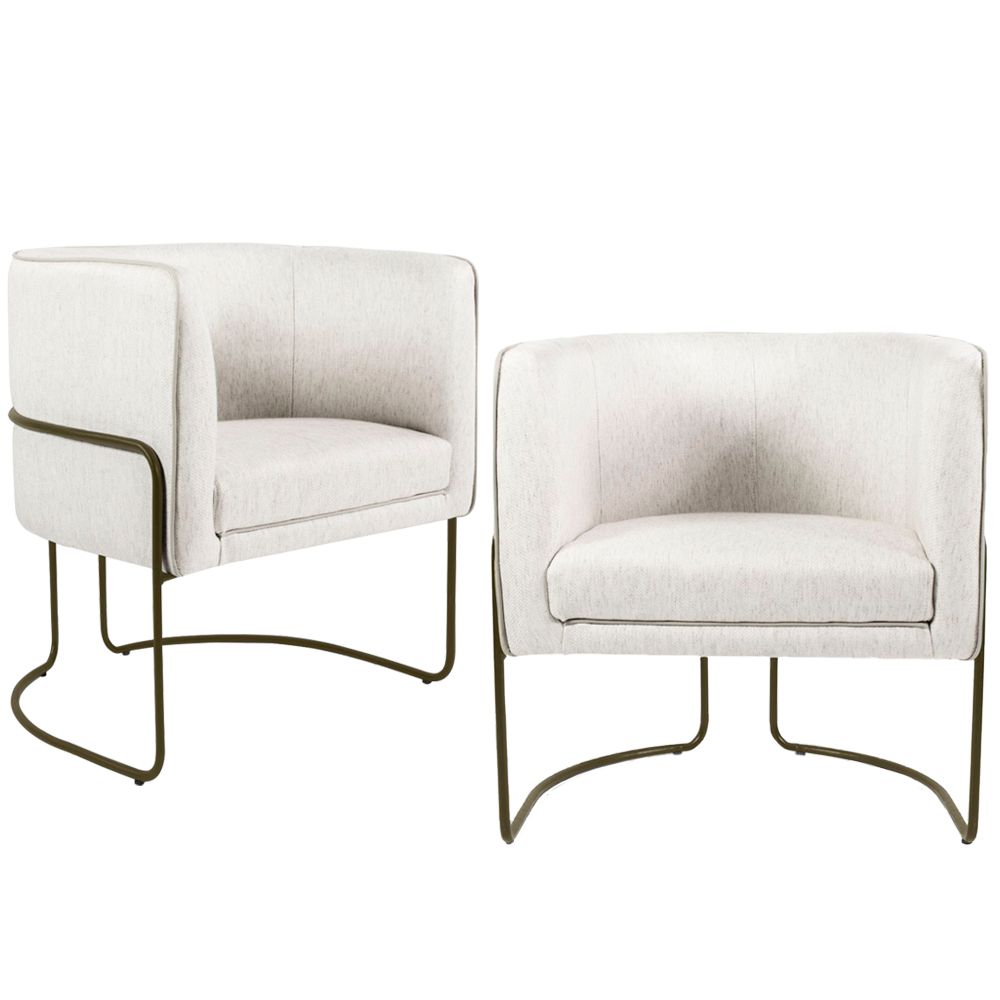 Kit 02 Poltronas Decorativas Fixa Base de Aço Bronze Betina D02 Linho Creme A-48 - Lyam Decor