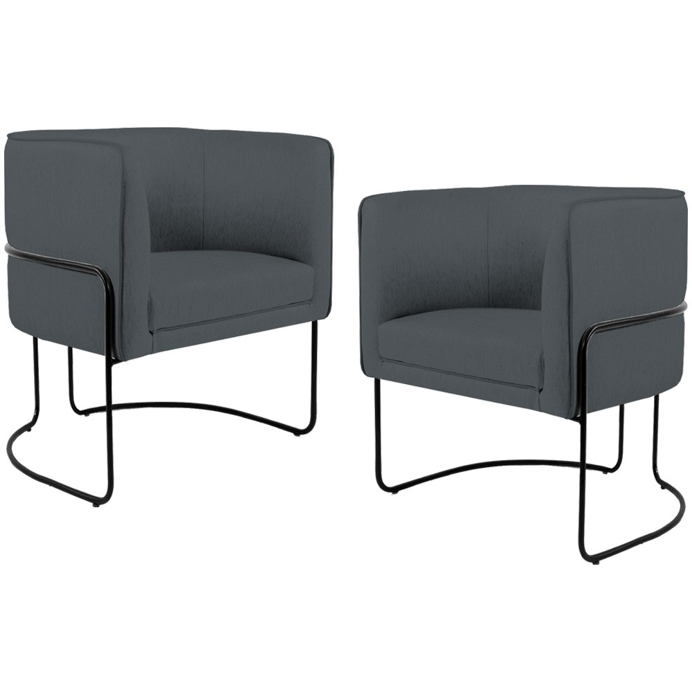 Kit 02 Poltronas Decorativas Fixa Base de Aço Preto Betina D02 Corano Cinza C-03 - Lyam Decor