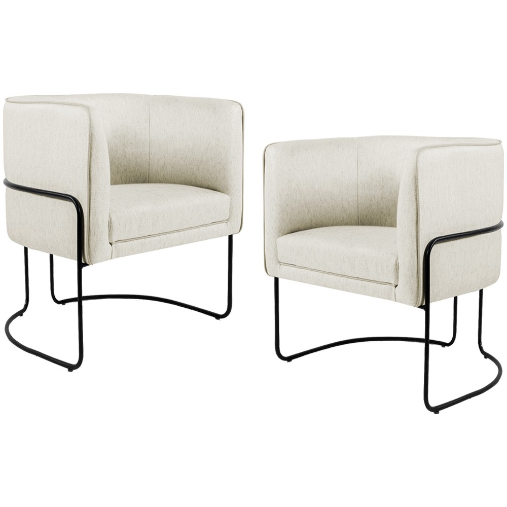 Kit 02 Poltronas Decorativas Fixa Base de Aço Preto Betina D02 Linho Bege C-107 - Lyam Decor