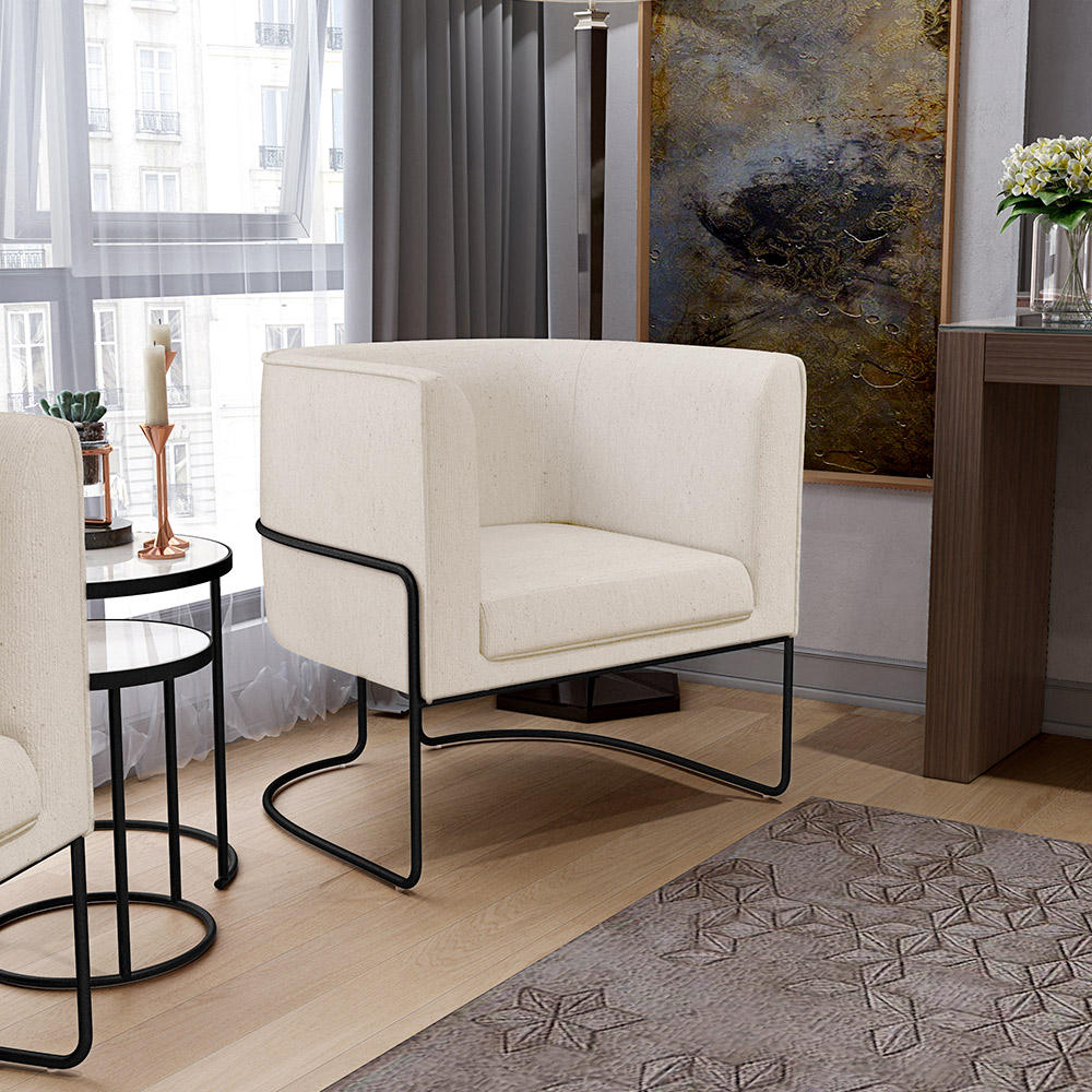 Kit 02 Poltronas Decorativas Fixa Base de Aço Preto Betina D02 Linho Bege C-443 - Lyam Decor