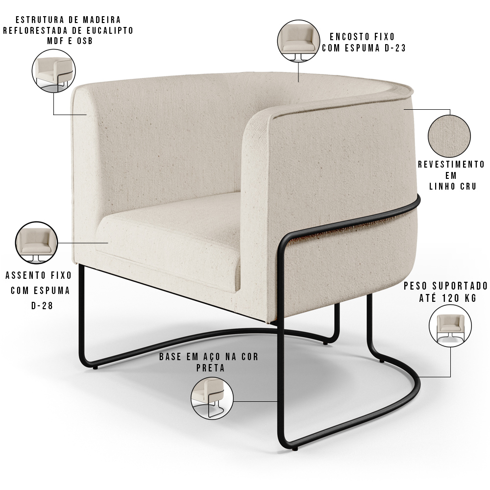 Kit 02 Poltronas Decorativas Fixa Base de Aço Preto Betina D02 Linho Bege C-443 - Lyam Decor