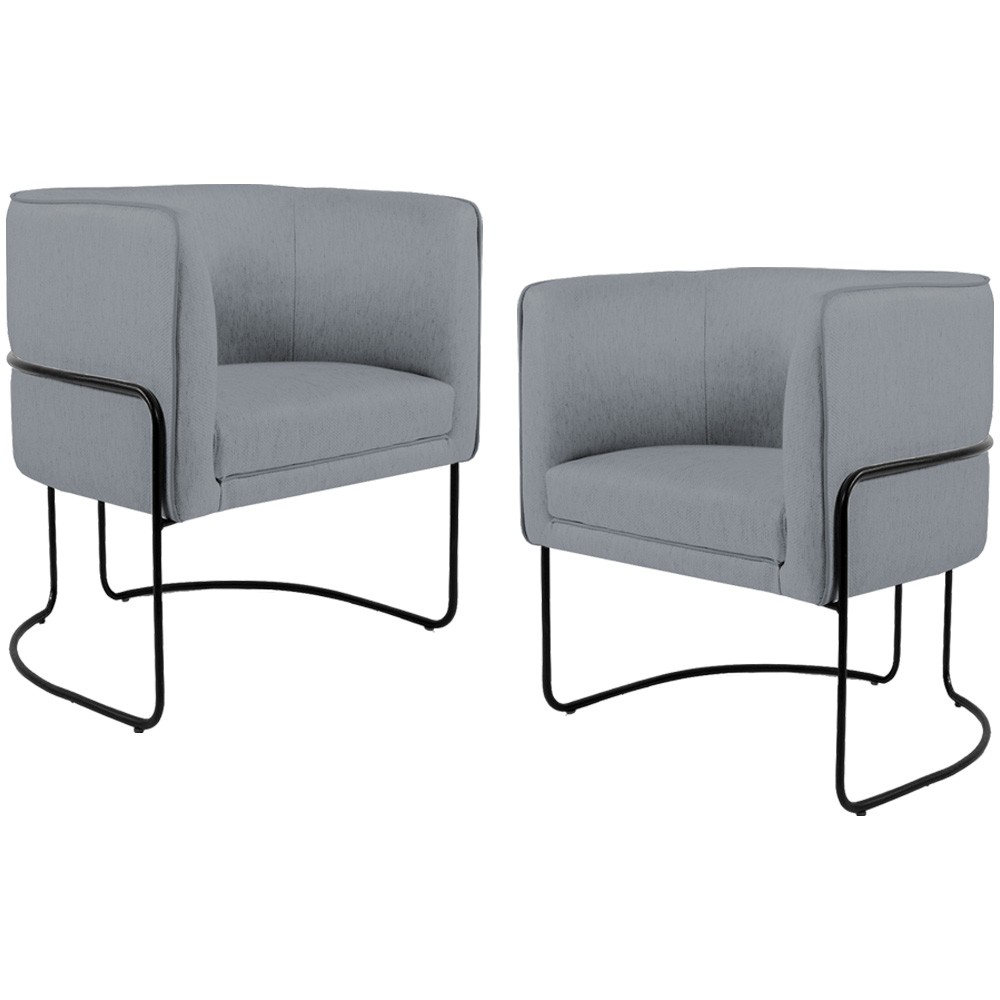 Kit 02 Poltronas Decorativas Fixa Base de Aço Preto Betina D02 Linho Cinza C-416 - Lyam Decor