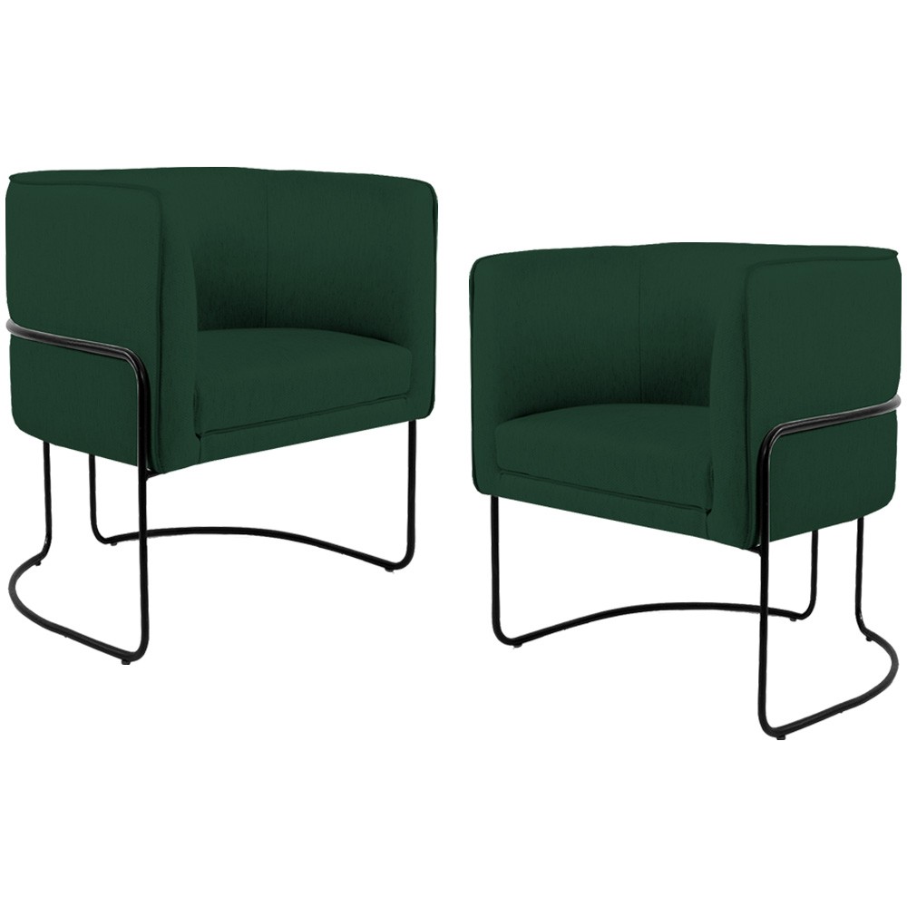 Kit 02 Poltronas Decorativas Fixa Base de Aço Preto Betina D02 Linho Verde Musgo C-117 - Lyam Decor