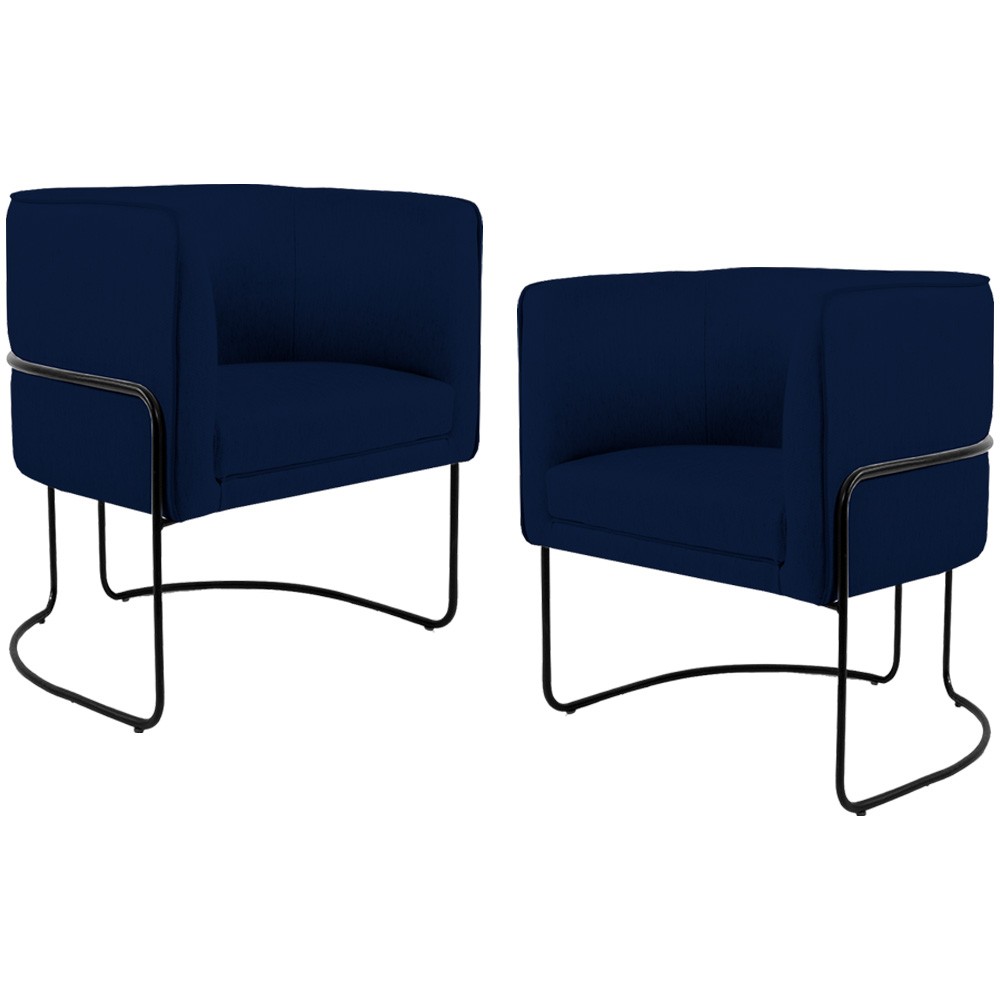 Kit 02 Poltronas Decorativas Fixa Base de Aço Preto Betina D02 Veludo Azul Oxford C-304 - Lyam Decor