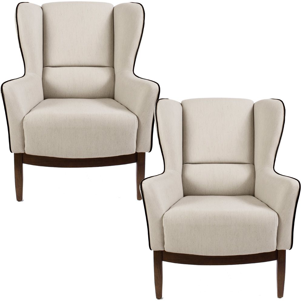 Kit 02 Poltronas Decorativas Fixa Base de Madeira Milena D02 Algodão Poliéster Bege C-392 - Lyam Decor