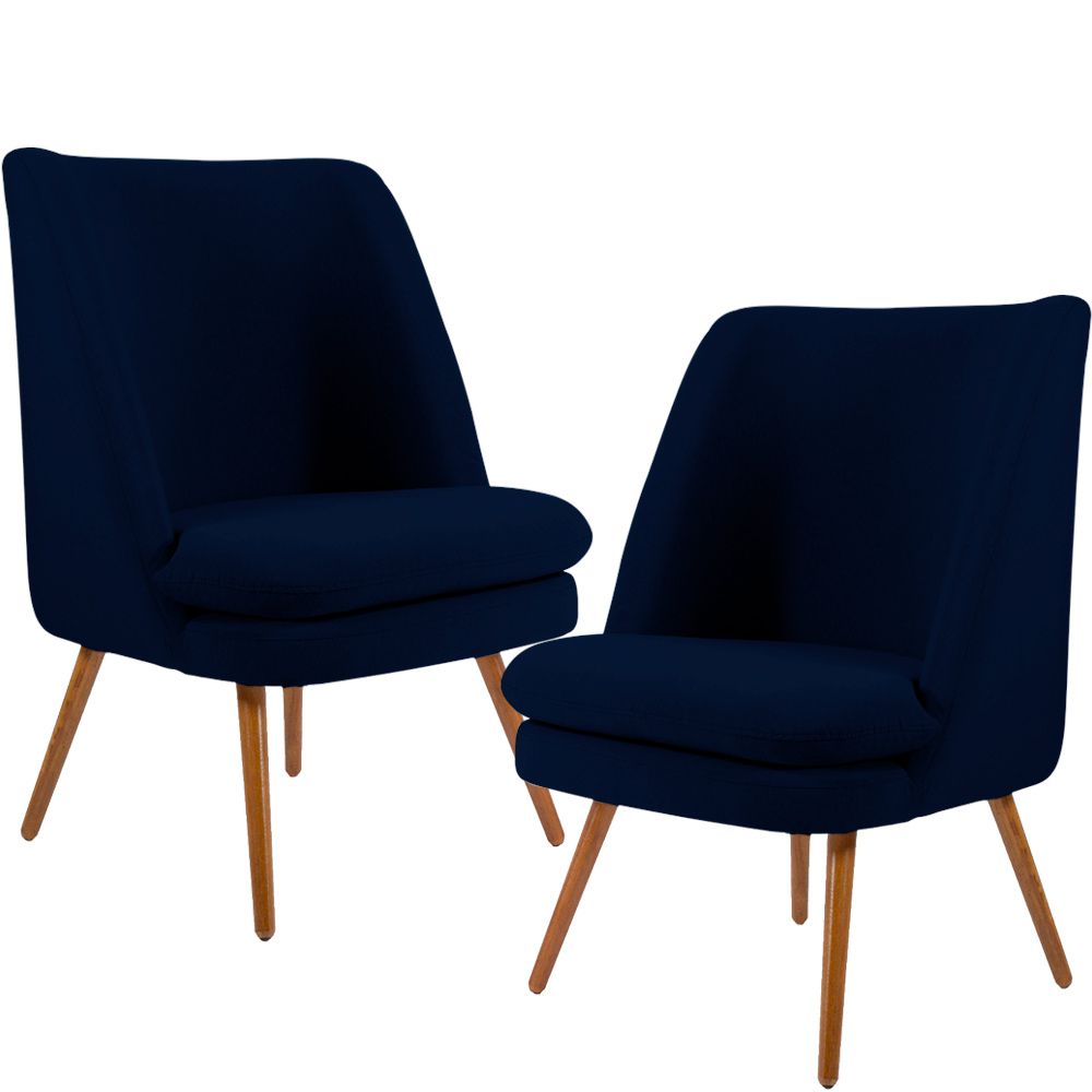 Kit 02 Poltronas Decorativas Fixa Pés Palito Pérsia D02 Veludo Azul Marinho C-287 - Lyam Decor