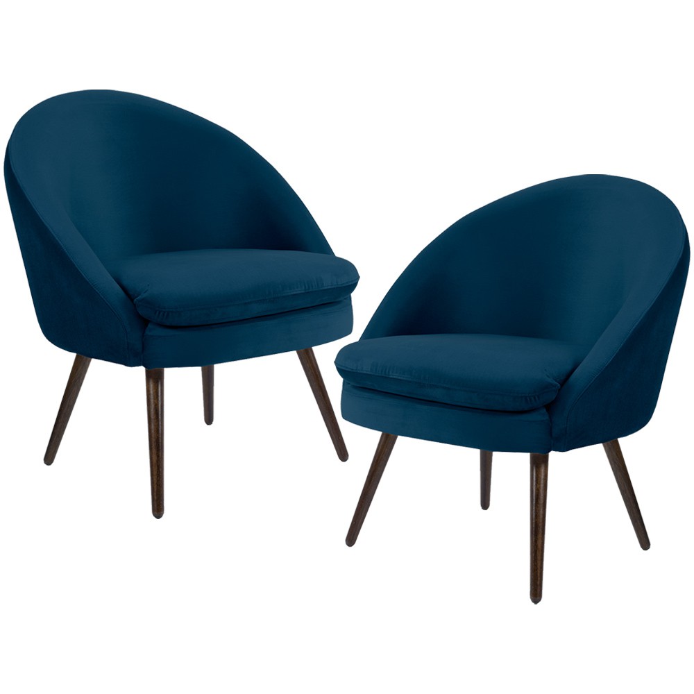 Kit 02 Poltronas Decorativas Fixa Pés Palito Rafa D02 Veludo Azul Oxford C-304 - Lyam Decor