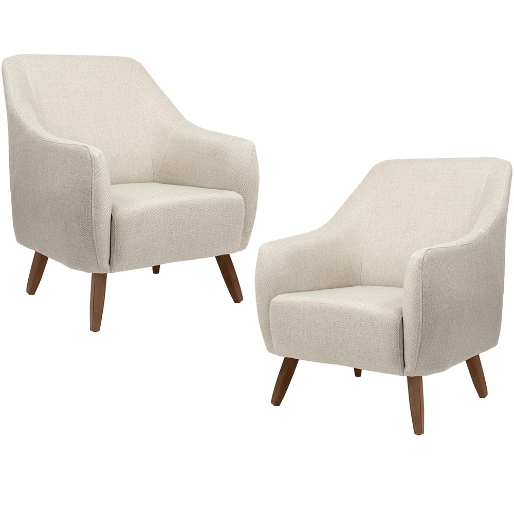 Kit 02 Poltronas Decorativas Fixa com Pés em Madeira Paloma D02 Linho Bege C-466 - Lyam Decor