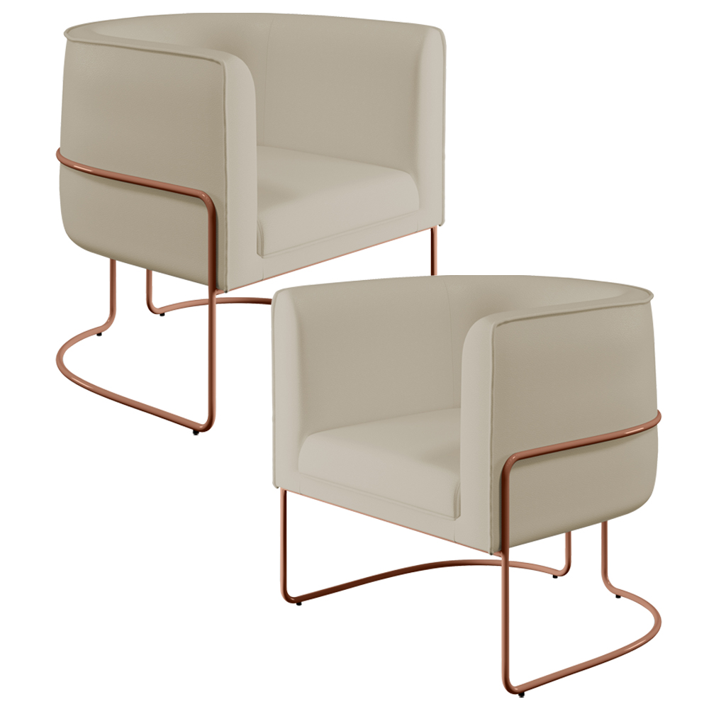 Kit 02 Poltronas Decorativas Fixas Base De Aço Cobre Betina D02 Corano Bege C-26 - Lyam Decor