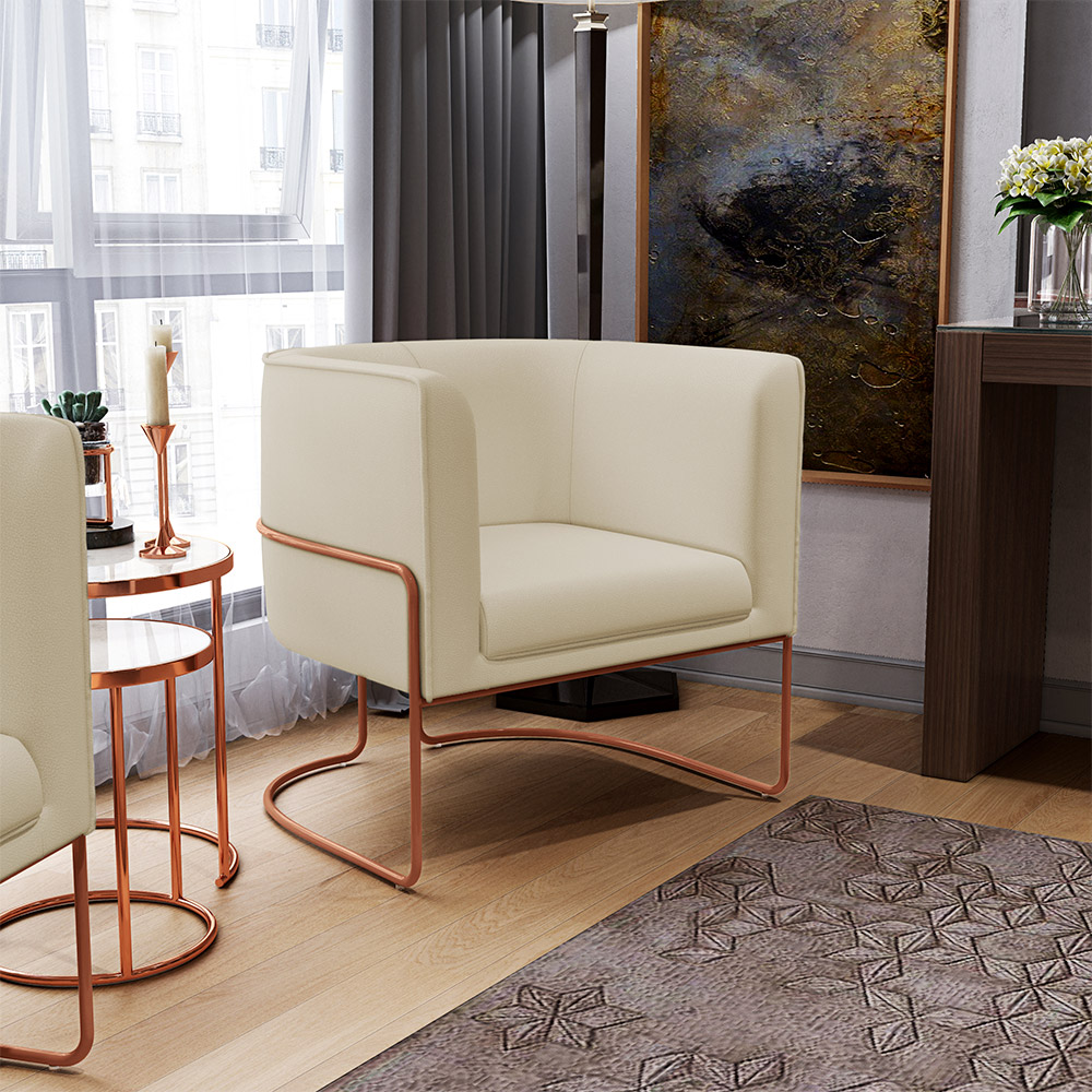 Kit 02 Poltronas Decorativas Fixas Base De Aço Cobre Betina D02 Corano Bege C-26 - Lyam Decor