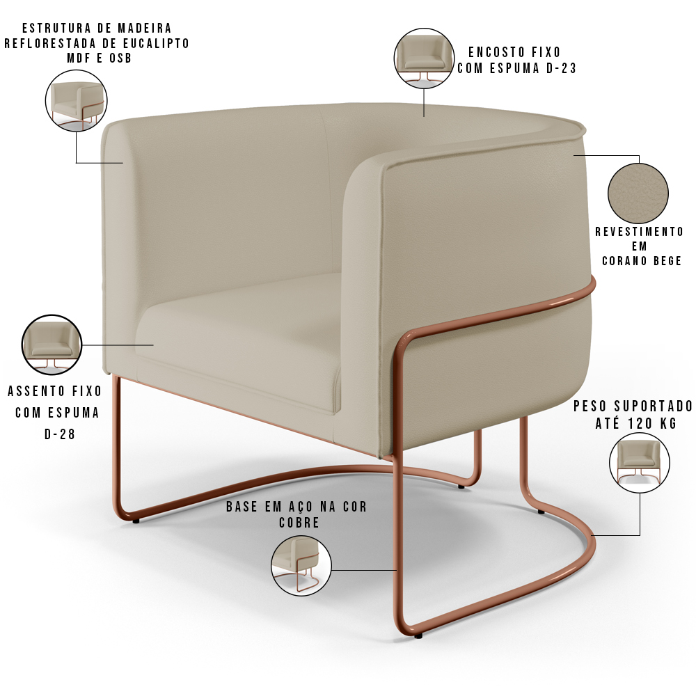 Kit 02 Poltronas Decorativas Fixas Base De Aço Cobre Betina D02 Corano Bege C-26 - Lyam Decor
