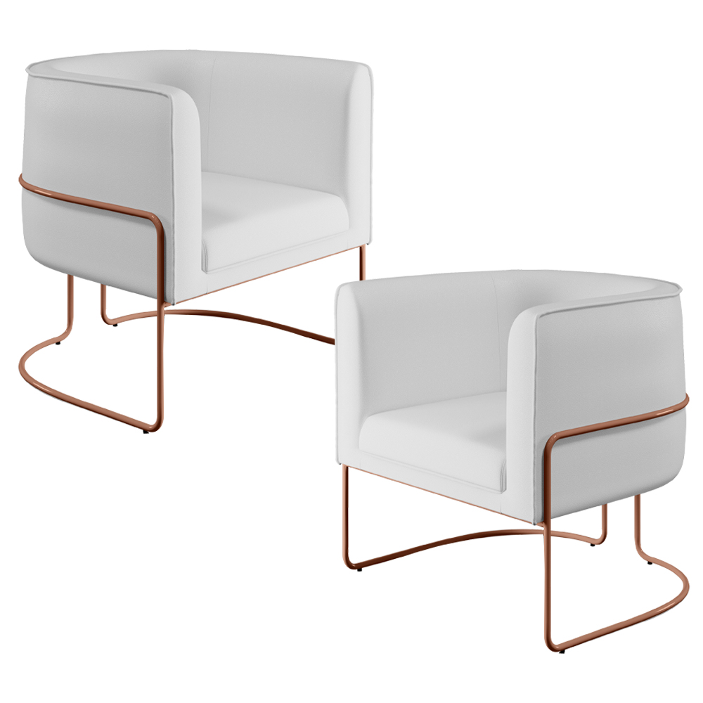 Kit 02 Poltronas Decorativas Fixas Base De Aço Cobre Betina D02 Corano Branco C-12 - Lyam Decor