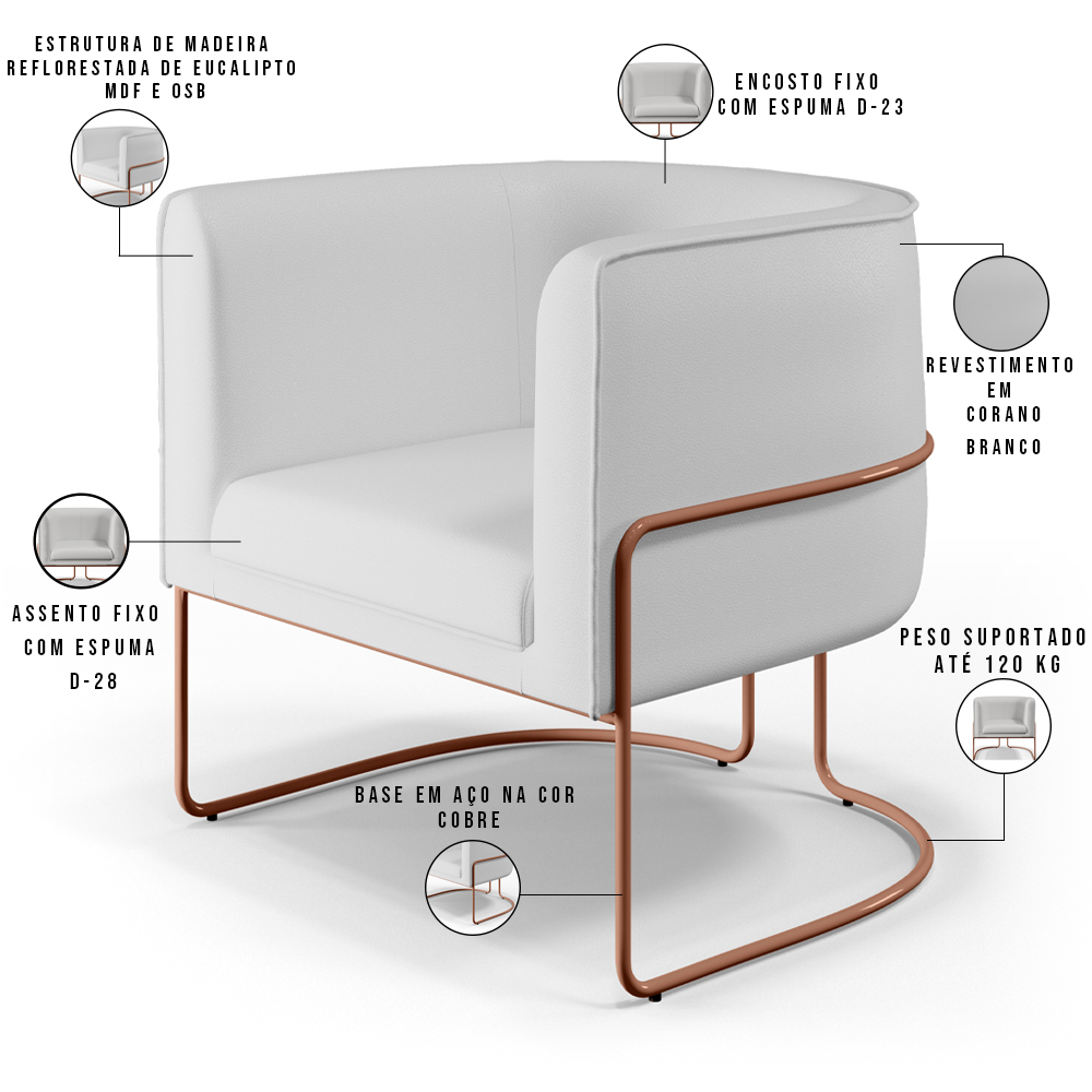 Kit 02 Poltronas Decorativas Fixas Base De Aço Cobre Betina D02 Corano Branco C-12 - Lyam Decor